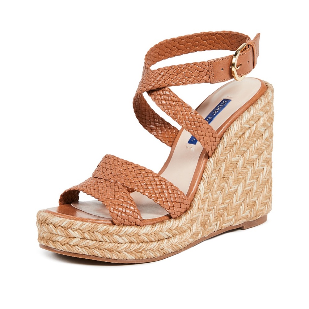 Stuart Weitzman Elsie Woven Leather Espadrille Wedge Sandals